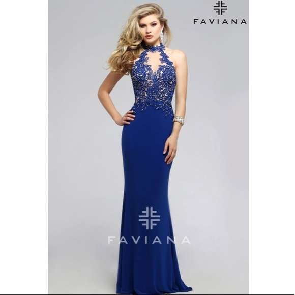 faviana navy blue prom dress